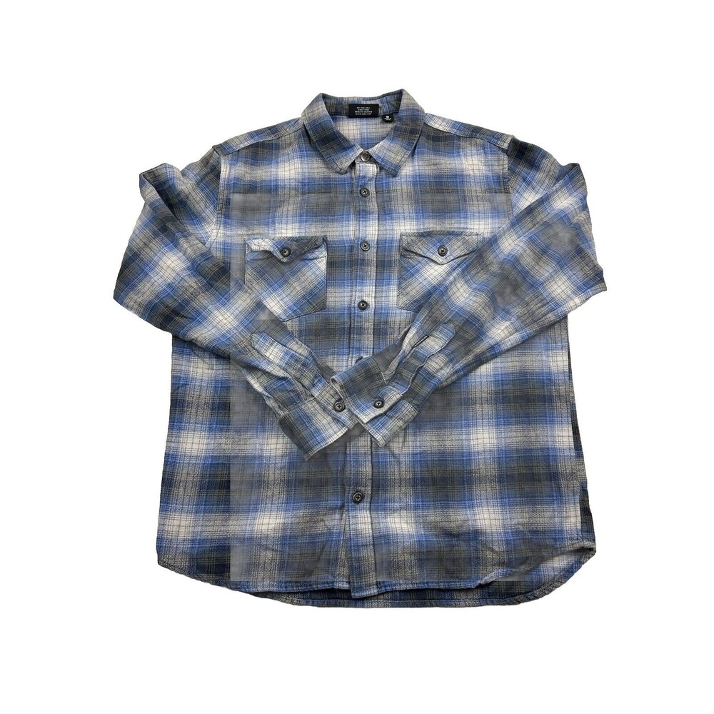 Vans Off The Wall Button Up Shirt Mens M Blue Plaid Distressed Long Sleeve